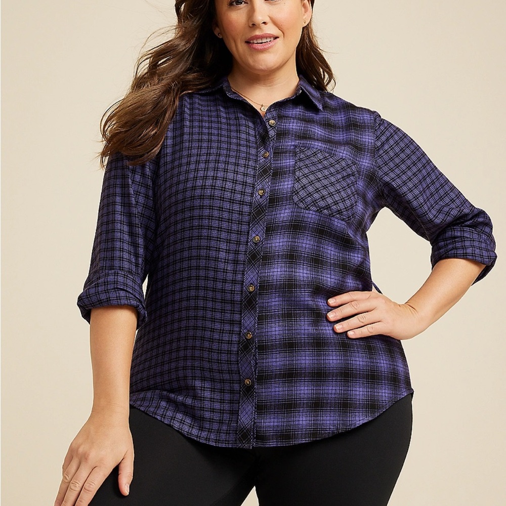 Maurices Purple Plaid Women's Button-Down Flannel Shirt size large long sleeve